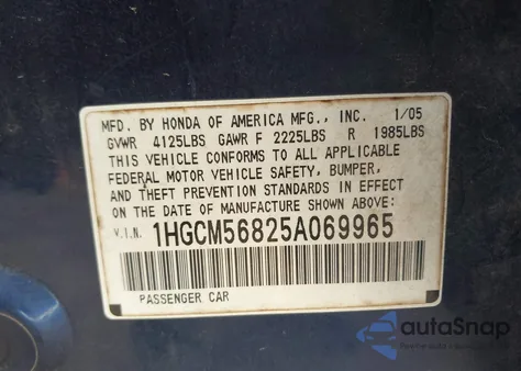 2005 Honda Accord 2.4 Ex z USA, uszkodzony, nr VIN 1HGCM56825A069965